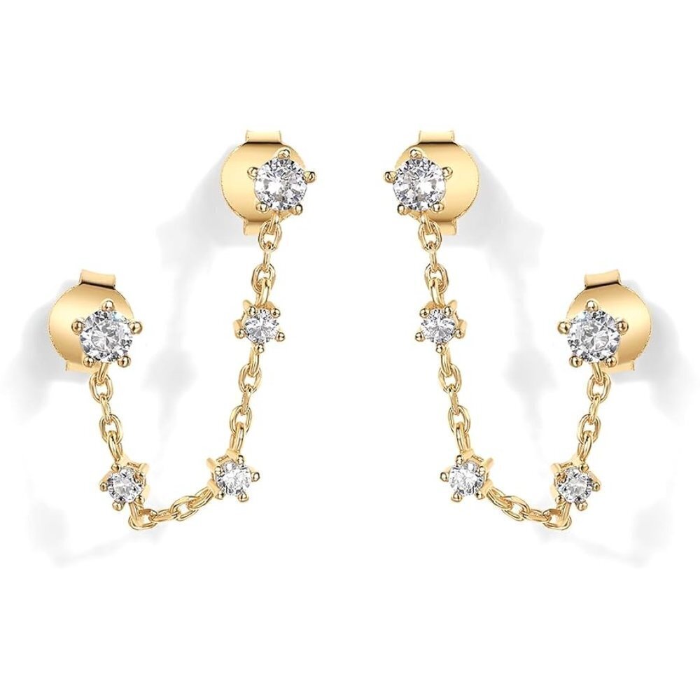 14K Gold Plated Delicate CZ| Double Piercing Dangle Chain Earring